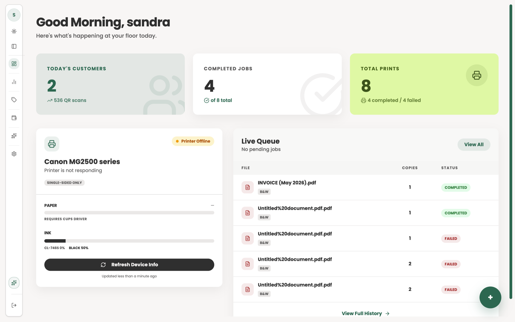 PrintEasy owner dashboard: today's customers, completed jobs and total prints, live printer status for a Canon MG2500, and the live print queue with each file's copies and status.