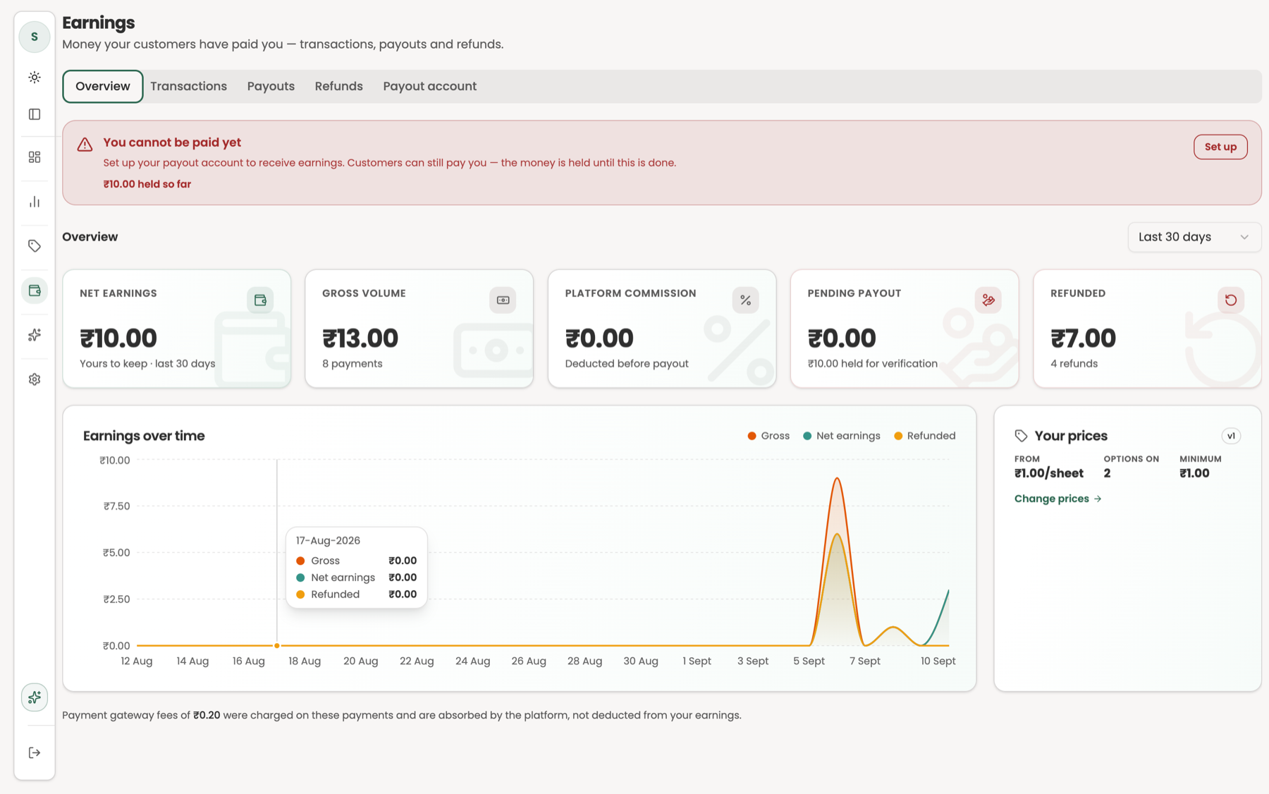 PrintEasy earnings screen: net earnings, gross volume, platform commission, pending payout and refunds, plus an earnings-over-time chart and payout account setup.