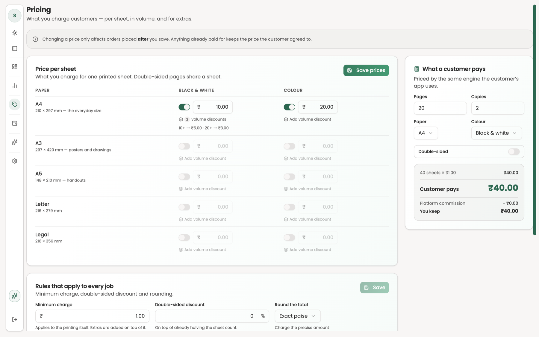 PrintEasy pricing screen: price per sheet for A4, A3, A5, Letter and Legal in black and white or colour, volume discounts, a live preview of what a customer pays, and rules for minimum charge, double-sided discount and rounding.