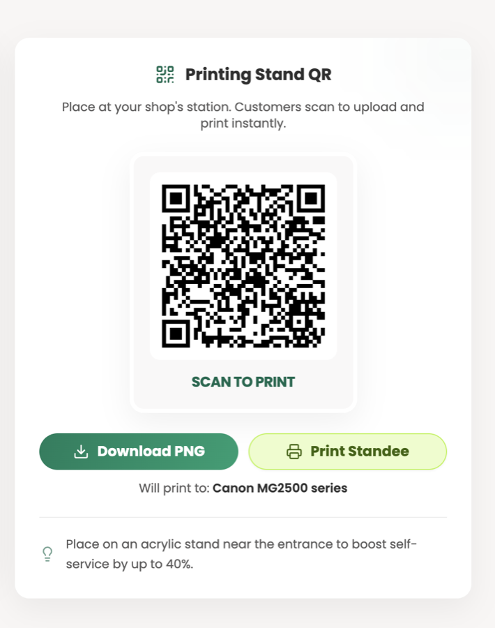 PrintEasy printing stand QR card with a scan-to-print QR code, buttons to download the PNG or print the standee, and a tip to place it near the entrance.